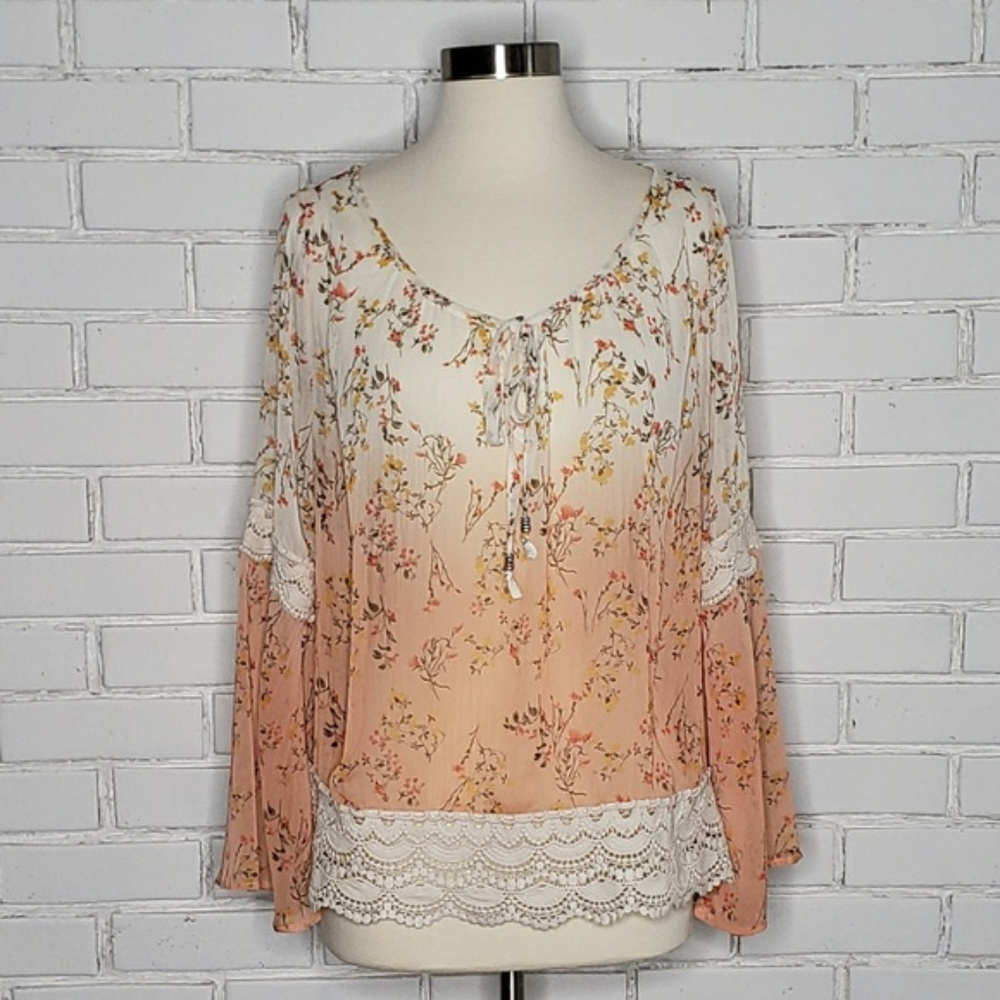 [Taylor & Sage] Sheer Ombre Boho Long Sleeve Top